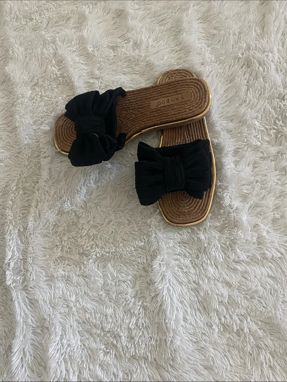 BAMBOO Black Bow Slide Sandals with Brown Footbed and Gold Trim